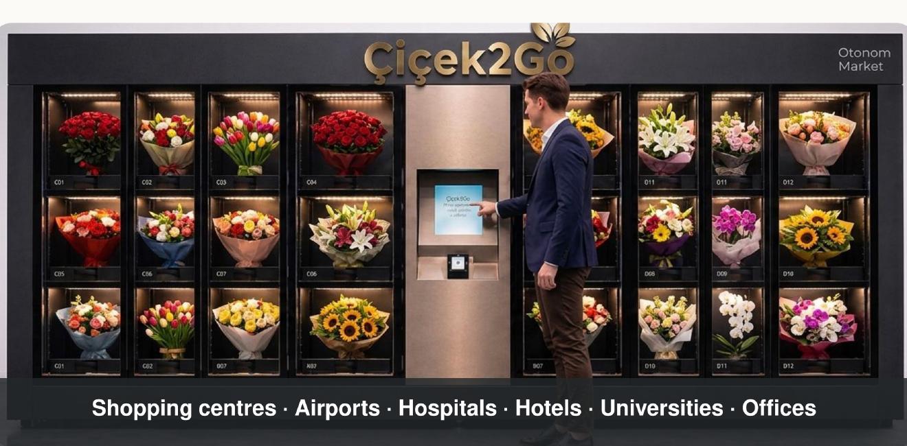 Ödeme kiosku ortada bulunan yüksek kapasiteli Çiçek2Go modeli