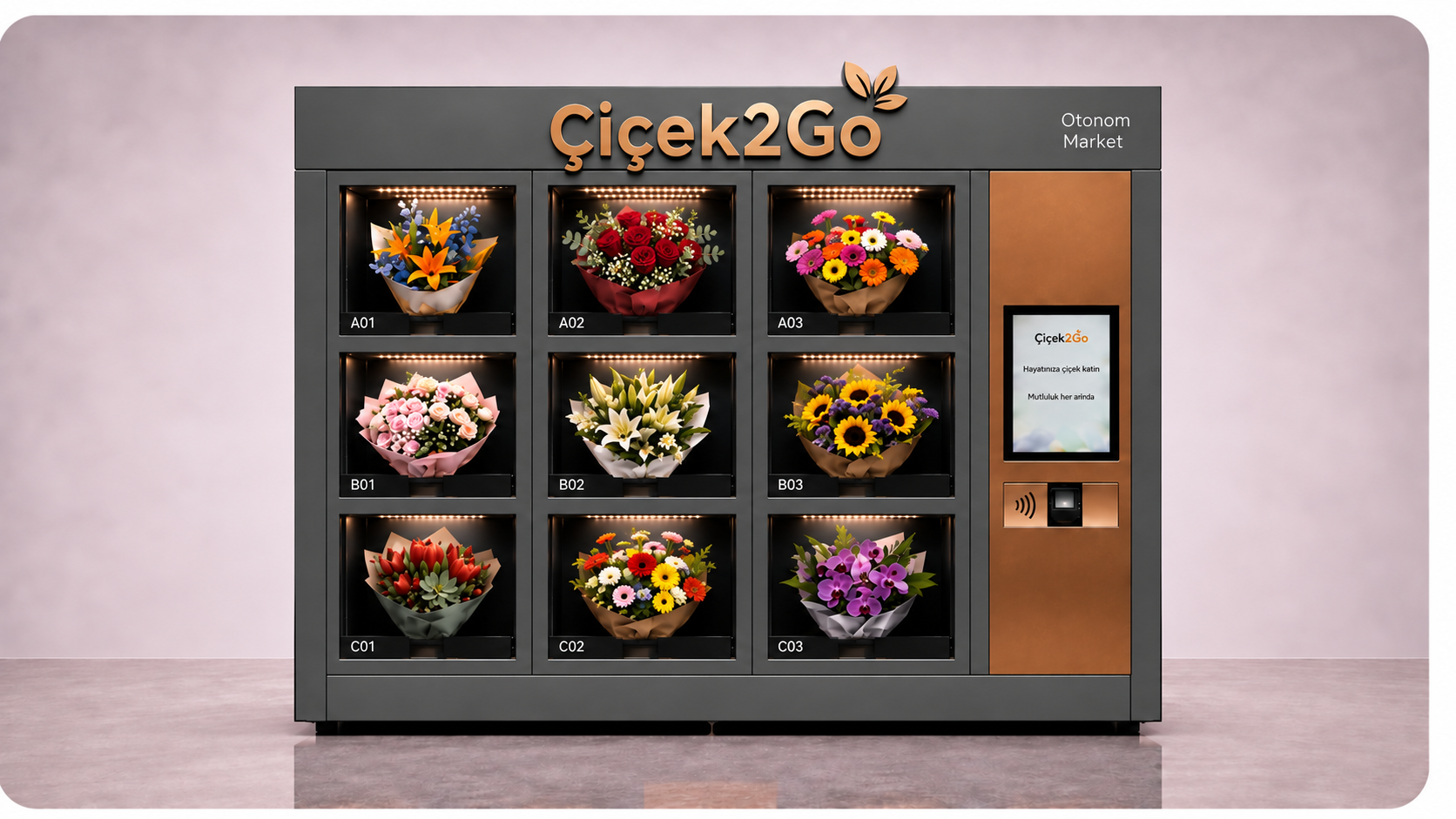 9 bölmeli Çiçek2Go merkez ve yan kiosk seçenekleri